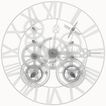 Transparent clock mechanism. Isolated render on a white background