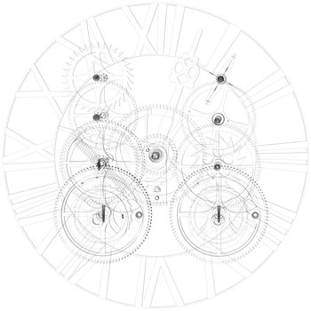 Clock mechanism. Wire-frame isolated render on a white background