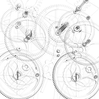 Clock mechanism. Wire-frame isolated render on a white background