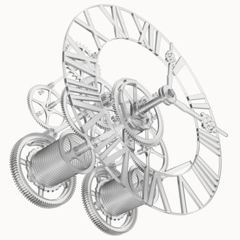 Transparent clock mechanism. Isolated render on a white background