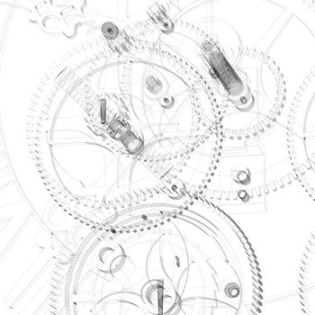 Clock mechanism. Wire-frame isolated render on a white background