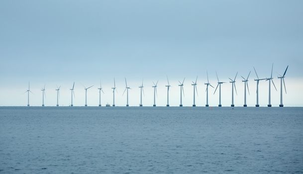 Offshore wind turbines at the sea in Copenhagen, Denmark