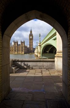 A view of the Houses of Parliament from one of the walkways on the Thames Path in London.
