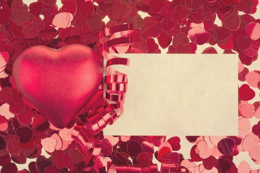 small red confetti and big hearts on white background with card retro color