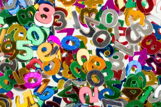close up of small color numbers confetti background or backdrop