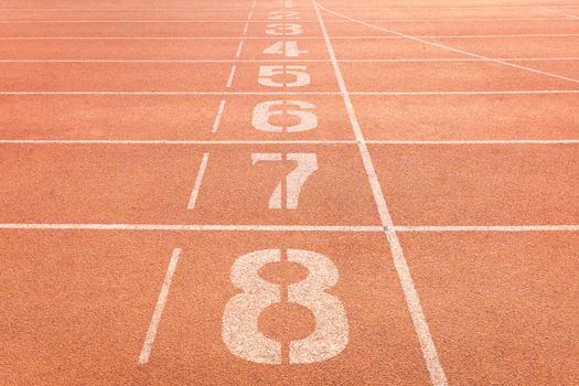 red color and texture of athletics track lanes with white line and number