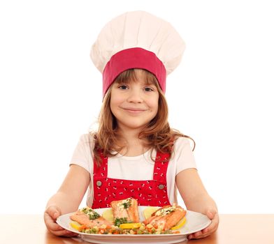 little girl cook with healthy salmon seafood