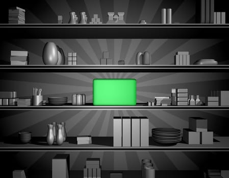 Illustration of a green product among many other products on shelves