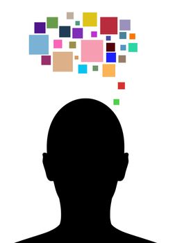 Illustration of a silhouette head with color squares forming a thought bubble