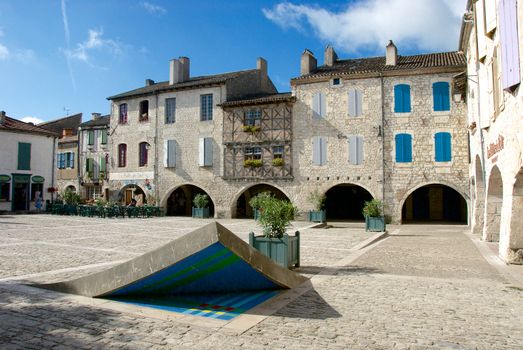 Place des Cornières Lauzerte France Aug-20-08 cobbled market square bastide town rural France 