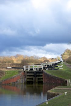 Caen Hill 16 lock stairs near Devizes in Wiltshire, England, UK Kennet and Avon canal