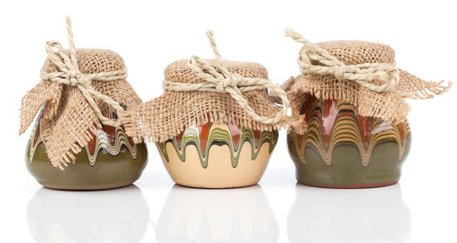 old kitchenware, jug (clay pots), on white background