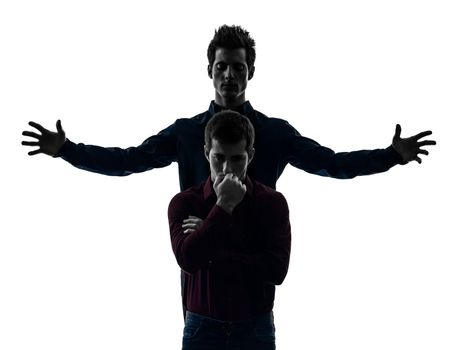 two caucasian young men domination concept shadow white background