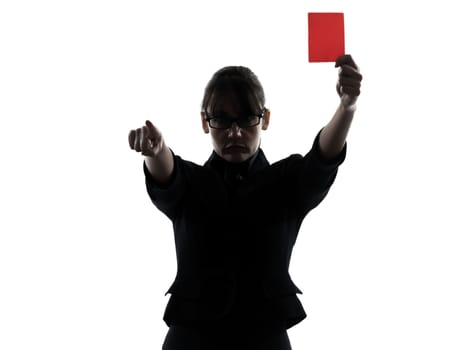 one business woman showing red card silhouette studio isolated on white background