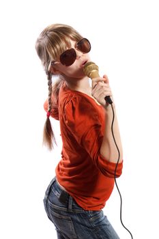 girl with big sunglasses sings into a microphone on a white background