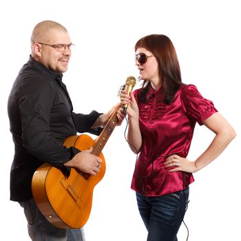 couple playing guitar and sing on a white background