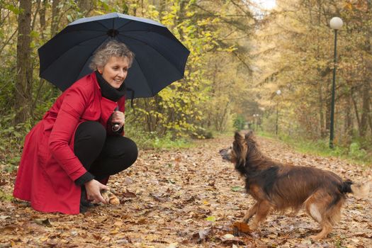 Middle aged woman in the autumn forest with her dog