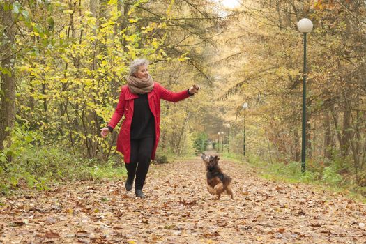 Middle aged woman in the autumn forest with her dog