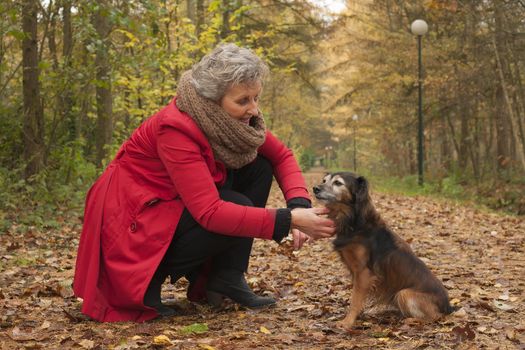 Middle aged woman in the autumn forest with her dog