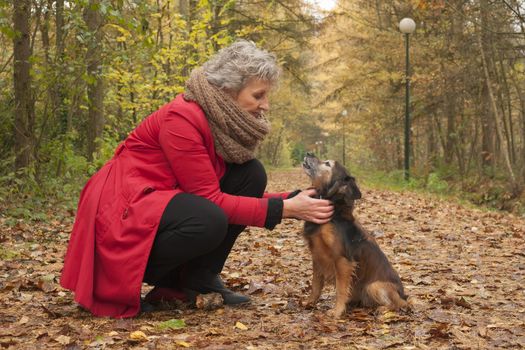 Middle aged woman in the autumn forest with her dog