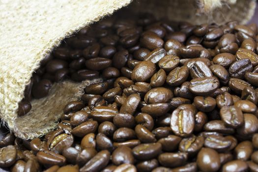 Detail of coffee beans outside his jute bag