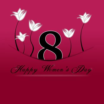 Happy Woman's Day on March 8th. 8 march tucked with pocket on a red background with white flowers.