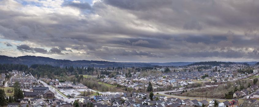 Suburban Neighborhood Houses Planned Community in North America with Dramatic Sky Panorama