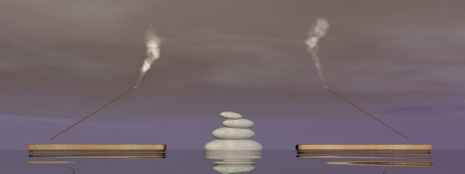 Balanced white stones between two incense sticks with smoke upon water in brown background