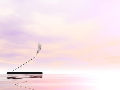 One incense stick with smoke upon water in pink background