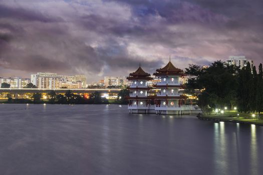 Singapore Chinese Garden with Twin Pagodas by the Lake at Dusk