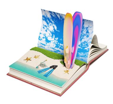 Open book with a tropical beach inside. 3d concept 