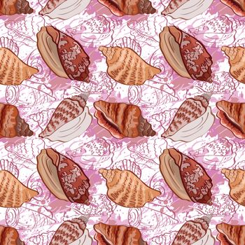 Seamless background, pattern with marine seashells and contour.