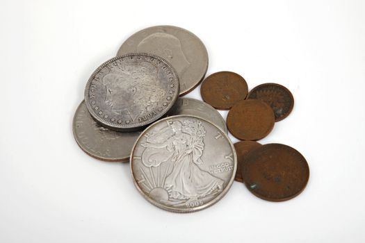 Silver dollars and other coins.