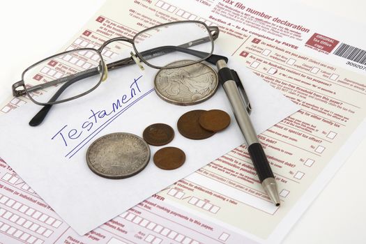 Tax declaration with testament on the desk.