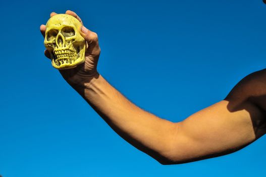 Vintage Old Skull and Human Hand over a Blue Sky