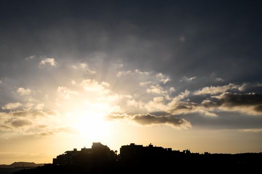 Colorful Sunset over a Town in Canarian Tenerife Island Spain