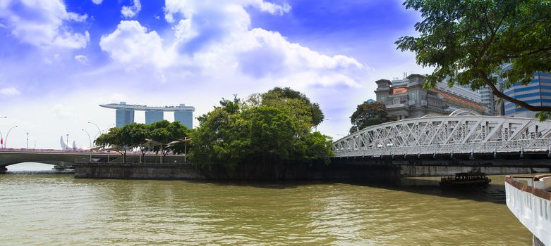 Singapore River and Anderson Bridge Panorama. Downtown Area.