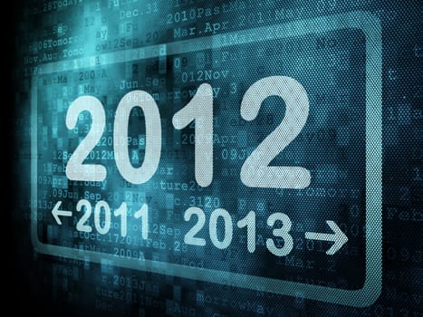 Timeline concept: pixeled word 2011 2012 2013 on digital screen, 3d render