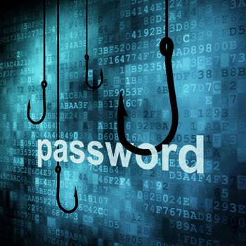 The word password hooked by fishing hook, information security concept.