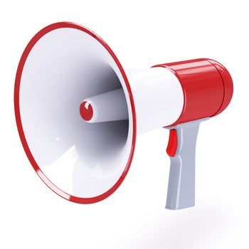 Red megaphone with red button isolated on white background.