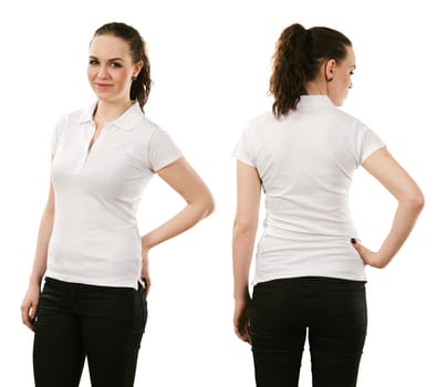 Young beautiful brunette female with blank white polo shirt, front and back. Ready for your design or artwork.