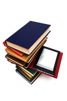 reader and old books on a white background