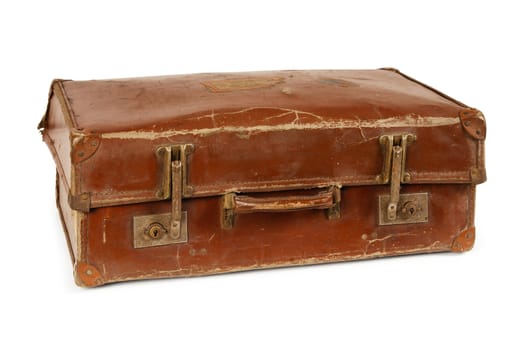 Photo of an old leather suitcase over a white background.
