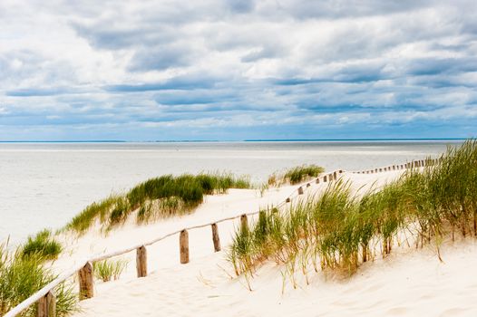 Dune by sea with visible wooden fence, green plants and stormy clouds in background, horizontal.