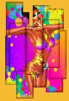 Wet paint splashes a beautiful artist in a bikini who has her hands in a heart shape that says I love art. An abstract background and effect adds more fun to this art scene.