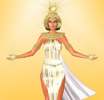 The White Light of Egypt. An artistic depiction of an Egyptian Goddess of light. Dressed in white with a gold headdress and necklace she has symbolic lights of illumination upon her head and hands.