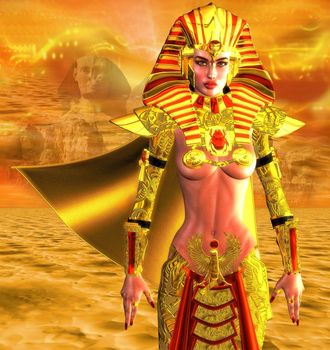 Warrior Queen. An ancient Egyptian woman who named herself Pharaoh is depicted as a powerful warrior leading an army. Gold abstract background has image of sphinx and yellow sun filled sky.