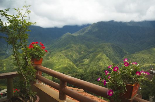 Flower vases on a balcony with green lush mountains on the background