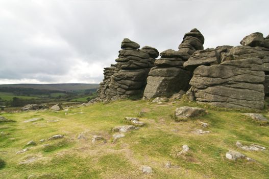 Tor, rock formations on the top of the hills, very common at Dartmoor