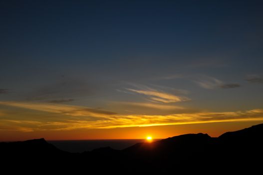 Backlight Silhouette Sunset over the Mountains in Canary Islands Tenerife